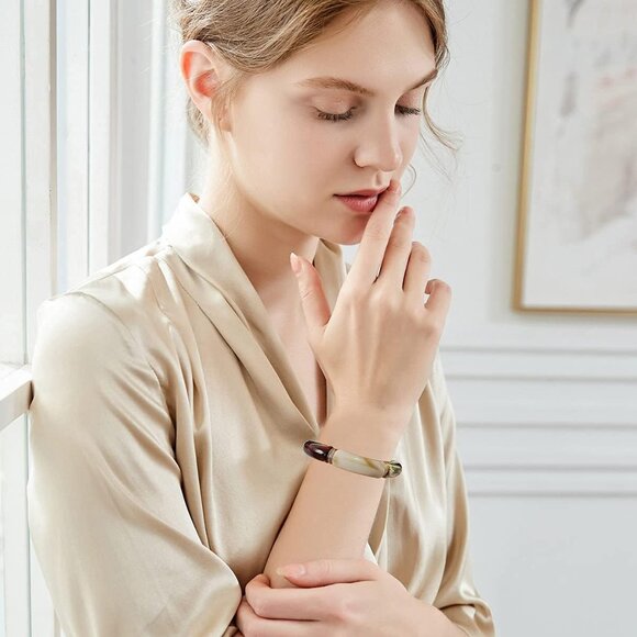 Simple Beaded Gold Plated Bangles Bracelet Chunky Bamboo Tube Curved Stacking Cl - Picture 8 of 9